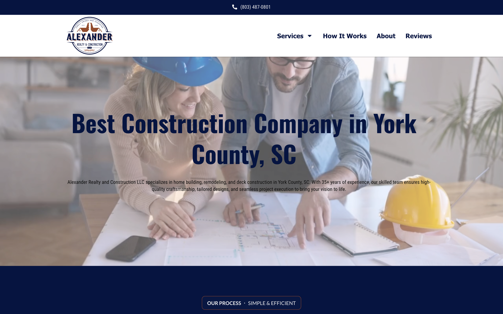 Homepage of the Alexander Realty and Construction website, showing project photography and a free-quote call to action